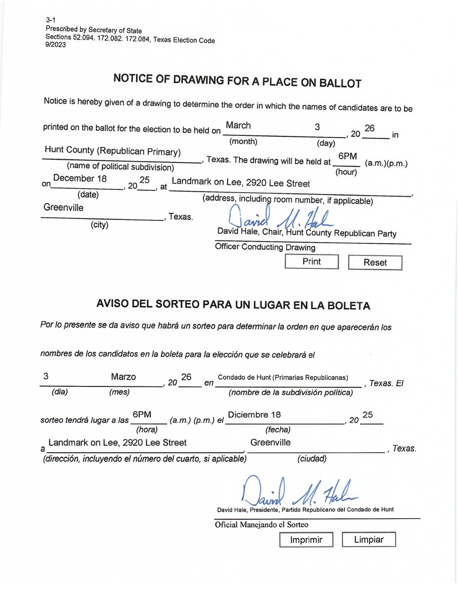 HuntCountyGOP's tweet photo. Because ballot order could have an effect on the outcome of an election, how should ballot order be decided?

Texas law says a random drawing, conducted with transparency, where all candidates have been notified and can observe.

Texas Election Code Section 52.094

- David https://t.co/8JV9tcWwrN