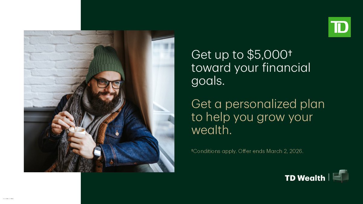 TimChan_TD's tweet image. Work together with a TD Wealth Financial Planner on a financial plan that helps you get closer to your goals.

Plus, for a limited time, you could receive up to $5,000 toward your financial goals. Conditions apply. Offer ends March 2, 2026.

financialplanners.td.com/tim.t