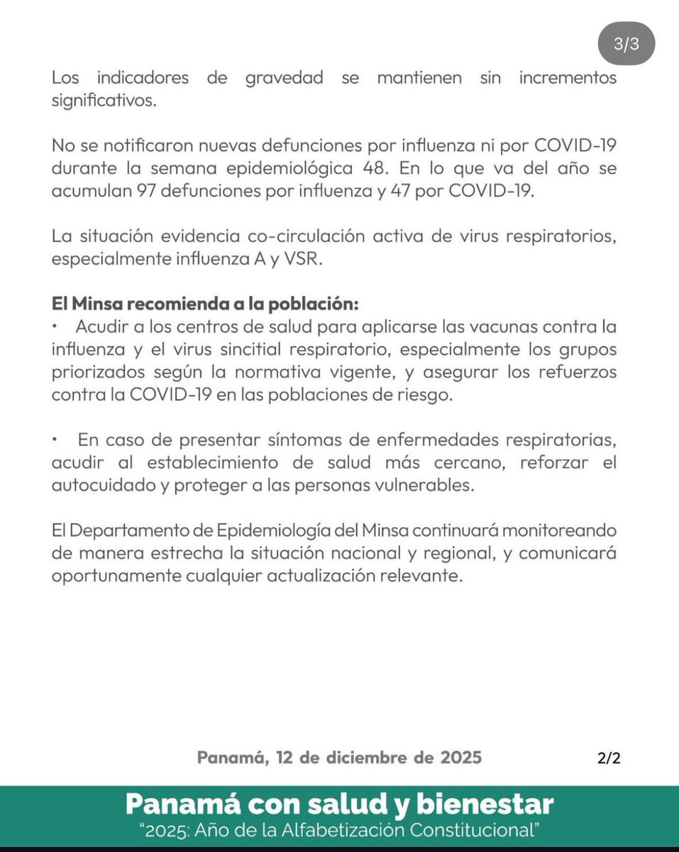 El Ministerio de Salud emitió una alerta epidemiológica ante el reporte de la Organización Panamericana de la Salud (OPS/OMS) de un aumento de la actividad de influenza en el hemisferio norte al inicio de la temporada 2025–2026, predominando el virus de la influenza A.