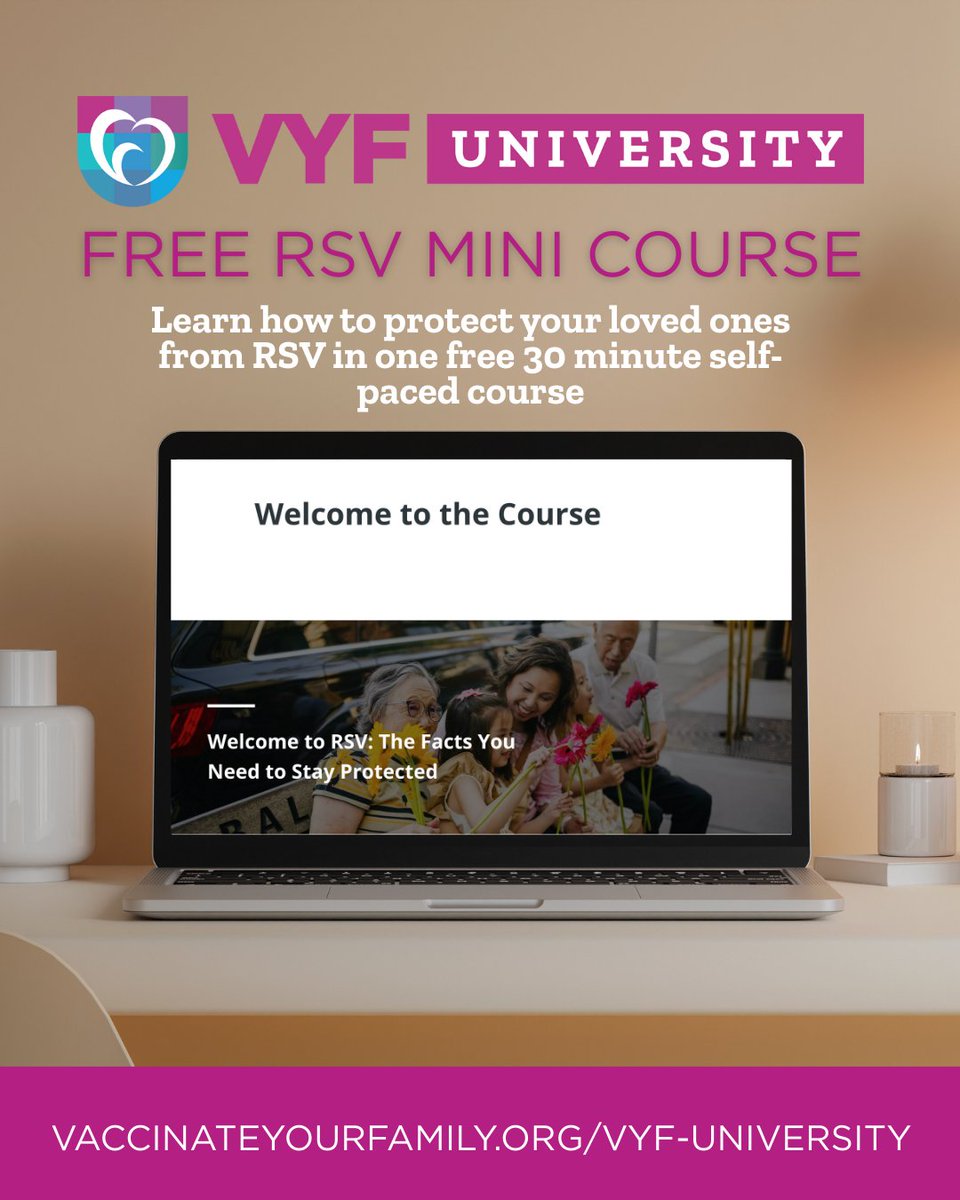 Vaxyourfam's tweet photo. 📢 DYK? VYF University offers free, self-paced courses to anyone looking to learn more about vaccines. 📚💻

In our RSV mini course, you'll learn how RSV spreads, who's at risk, RSV prevention &amp; more.

Enroll here: https://t.co/T50Da8VB1U #RootedInProtection #VaxYourFam https://t.co/0N3zGCQgZZ