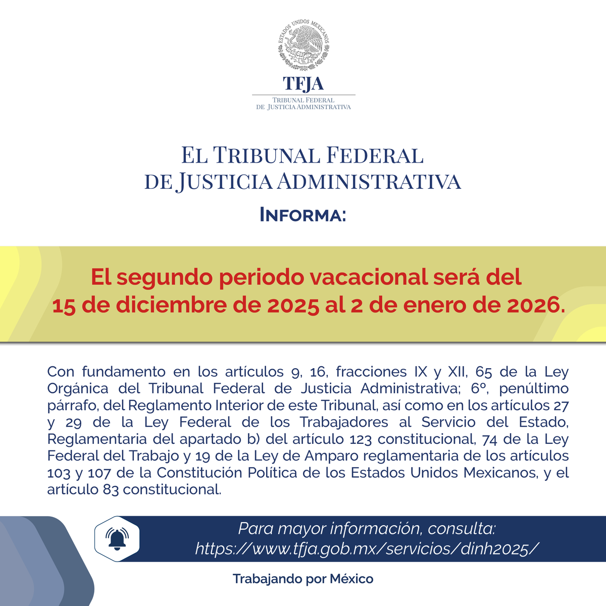 TFJAMexico's tweet photo. ⚠️ El #TFJA informa: Segundo Periodo Vacacional 2025. https://t.co/D26MfiuoZ7