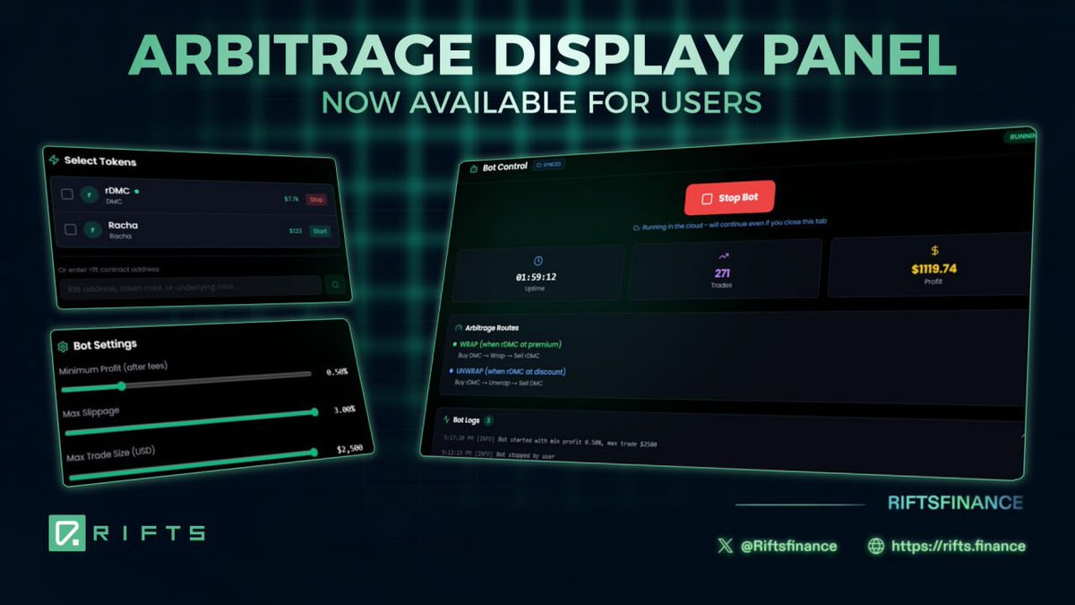 Arbitrage Display Panel is now live.

Users with active positions can now access detailed performance data, including uptime, trade count, win rate, and total arbitrage profit.
Freely view all pools in the system, while being able to adjust the settings for your own.

A clear