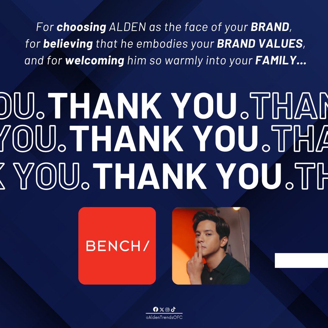 For choosing ALDEN as part of your roster of Brand Ambassadors,

For giving him HUGE BILLBOARDS along EDSA,

For inviting him in your Fashion Shows and Events...

THANK YOU SO MUCH, <a href="/benchtm/">BENCH/</a>!

<a href="/aldenrichards02/">Alden Richards</a>
#ARXVALDEN15
#ALDENRichards
ALDENxATeam MovingForwARd