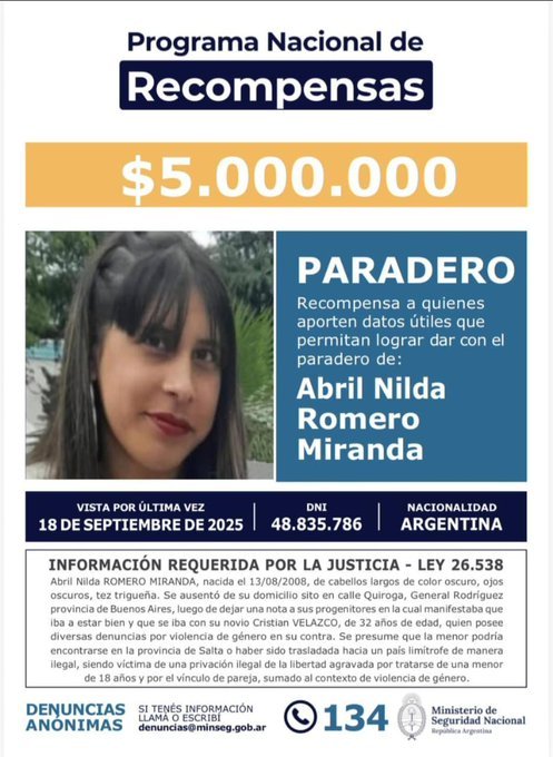 desaparecidaorg's tweet photo. Abril Nilda Romero Miranda tiene 17 años, desapareció el 18/9 en General Rodríguez, provincia de Buenos Aires. Se hizo la denuncia. Hay una #Recompensa de $ 5.000.000 por encontrarla. Avisar #Urgente a la policía local, o al☎️ 134  

#GeneralRodriguez #BuenosAires 
@MauroSGarcia https://t.co/QEpu2czYZg