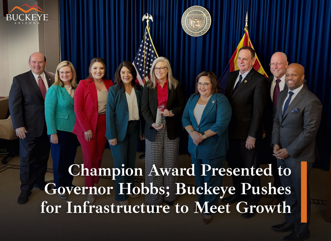 MayorofBuckeye's tweet photo. Today the @AzCities Executive Committee presented @GovernorHobbs with a Champion Award for her commitment to cities and local control. I also shared how critical transportation investment is to keeping pace with growth. Buckeye is ready to meet regional housing needs, but we need projects like widening I-10 from Citrus to Verrado to move forward. Grateful for the Governor’s partnership as we tackle a challenging budget year.