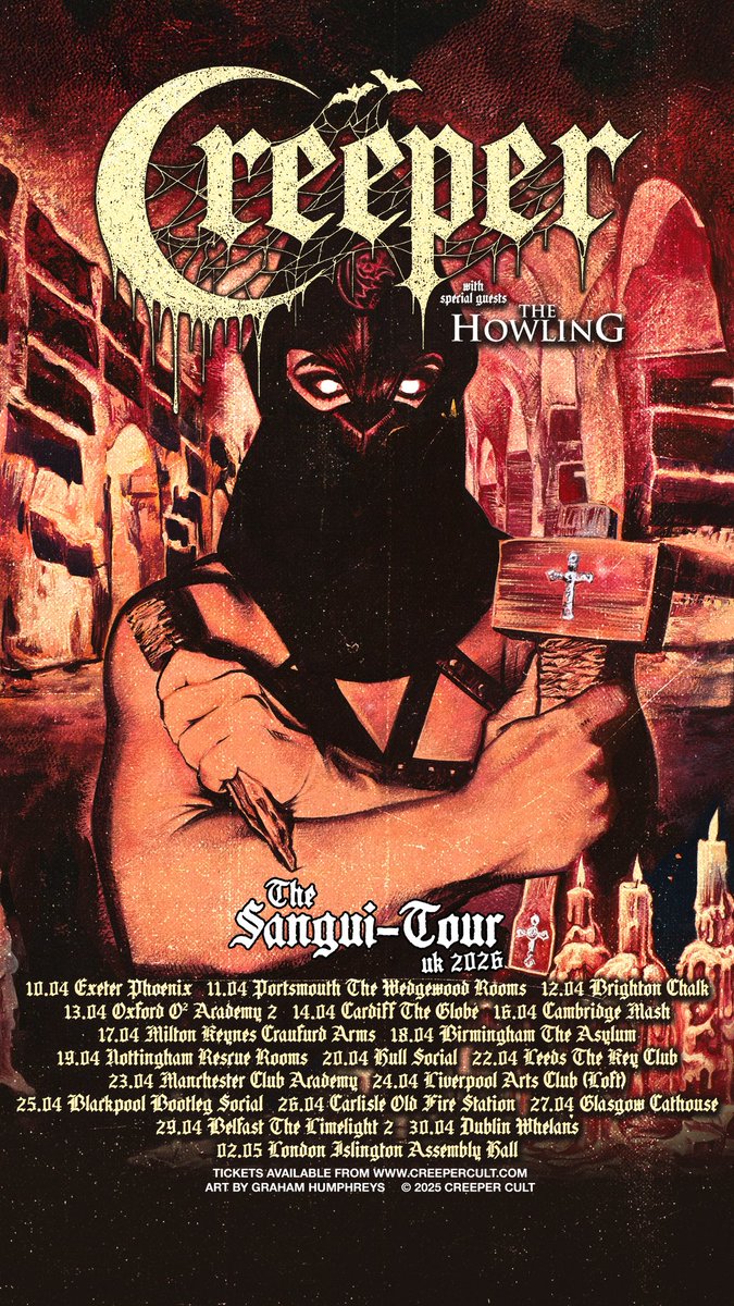 creepercultuk's tweet image. The Sangui-Tour is coming this April. 
For the first time ever, Creeper will perform a set made entirely of songs from Sanguivore 1 &amp;amp; 2, brought to life in small, intimate rooms across the UK &amp;amp; Ireland. 

Subscribe at Creepercult.com for artist presale starting 10am Mon