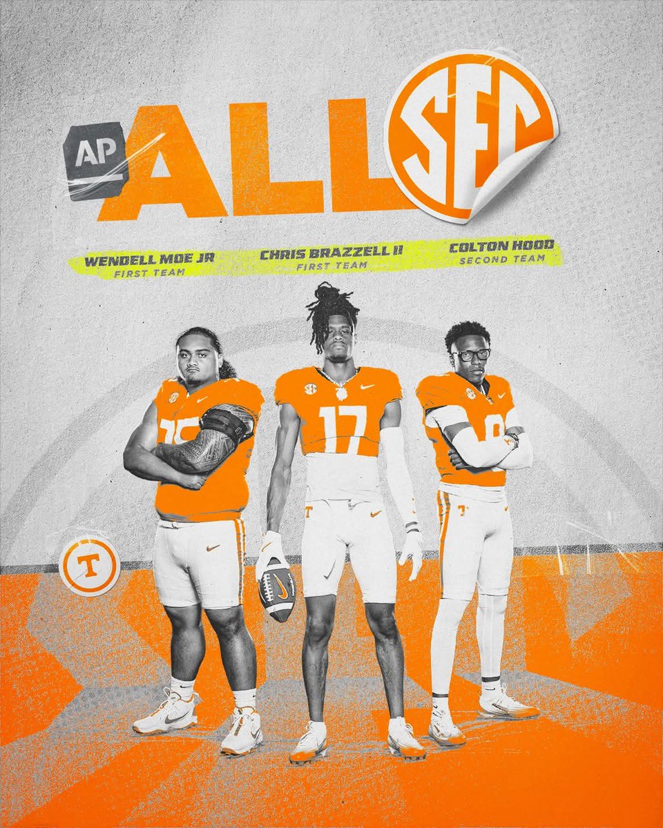 Three Vols were named to the AP All-SEC team. Wendell Moe Jr. and Chris Brazzell II were named to the First Team, and Colton Hood was named to the Second Team. Congrats!

Graphic by #Tennessee #Football