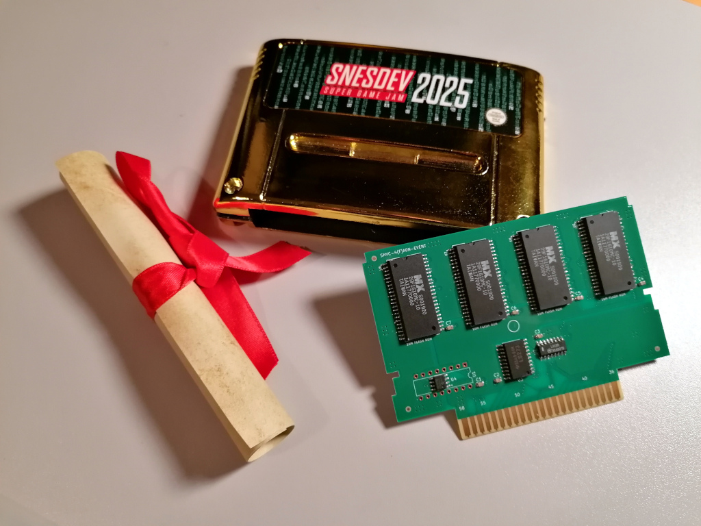 Alright, check out this bad boy: golden cartridge, custom pcb and 64 Mbits of ROM containing all the entries of the 2025 SNESDEV game jam! Received this gift for participating. A big thank you to the organizers and judges who made this event possible! itch.io/jam/snesdev-20… 🙏❤️