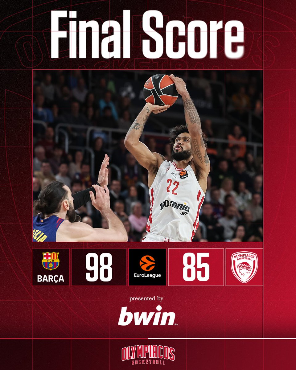 Olympiacos_BC's tweet photo. FINAL 🏀 FC Barcelona - #OlympiacosBC 98-85 #EveryGameMatters #WeAreOlympiacos #TogetherWeFight #BAROLY https://t.co/XLXDVnEIo6