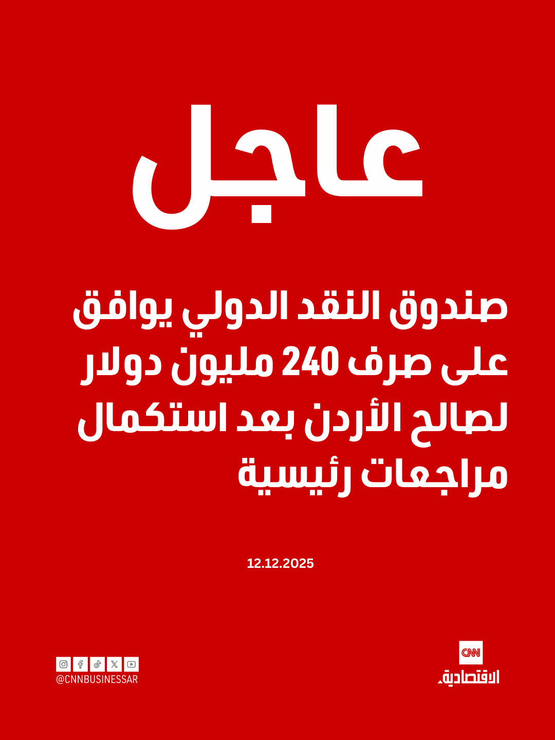 عاجل | أعلن صندوق النقد الدولي اليوم استكمال المراجعة الرابعة لبرنامج تسهيل الصندوق الممدد والمراجعة الأولى لبرنامج المرونة والاستدامة المخصصين للأردن، في خطوة تعكس ثقة المؤسسة الدولية ببرنامج الإصلاح الاقتصادي الأردني.. وأشار الصندوق إلى أنه سمح بصرف فوري لما يعادل نحو 130 مليون دولار لصالح الحكومة الأردنية، إضافة إلى 79.182 مليون وحدة حقوق سحب خاصة تعادل نحو 110 ملايين دولار ضمن برنامج المرونة والاستدامة، ليصل إجمالي المبالغ المتاحة للأردن إلى أكثر من 240 مليون دولار 