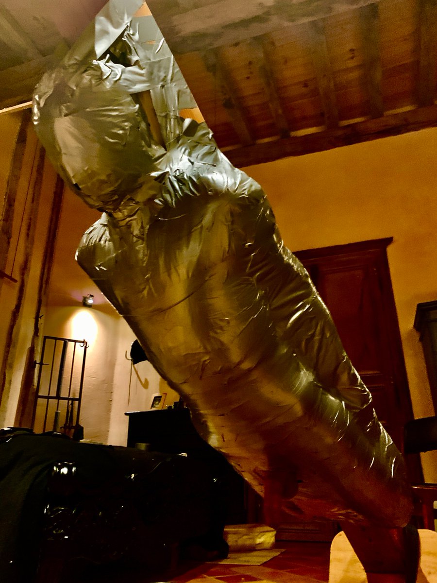 dgbastide's tweet photo. Yes, it's totally possible. And to forgo the tape completely. Just use good quality pallet wrap. Any combination of tape, wrap, or strap can work at any angle - Play, have fun @nottsbound is a great place to experiment and learn safely😃

However, wrap without tape, and you will need to use more wrap to account for stretch. The extra layers of wrap needed, add extra tension too. A plus for those who want a tighter and quicker wrap. Personally I enjoy taking my time.

@prima219, in my photo, is very flexible and enjoys his wraps tighter than anyone else I know. His legs were bent double and the whole wrap was extreeemely tight. (I made sure to pad between his inner-thighs and the corners of the beam).
We began with an incline, the Sub on top of the beam, flipped it through 180 degrees because we could &  ended with the whole thing vertical.
Not a position for beginners - Dom, or Sub