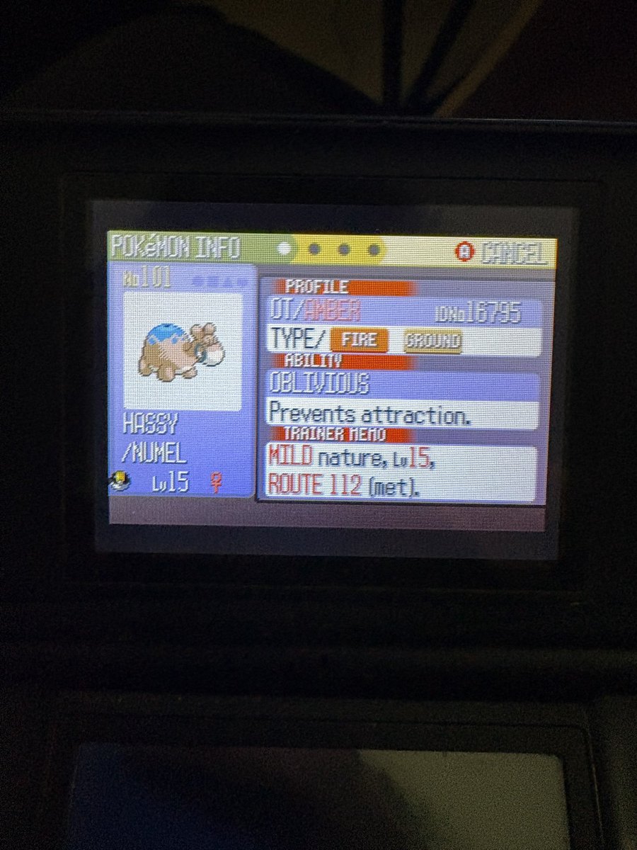 FullOddsMike's tweet photo. SHINY NUMEL!!! This took two weeks! Very fast compared to my eevee hunt! Time to transfer it to my Soul Silver! https://t.co/FvGgxlql4P