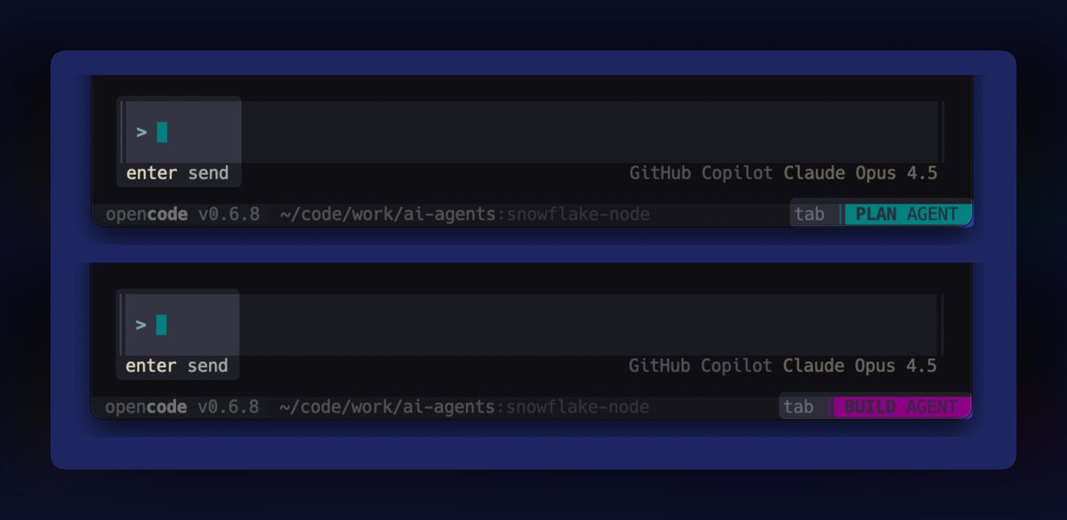 thenickygee's tweet photo. Hey @thdxr + @opencode it would be soo cute if the cursor color changed based on the agent that I was using. So [teal - plan] but then [purple - build] etc... https://t.co/Qg5RXP5DwH