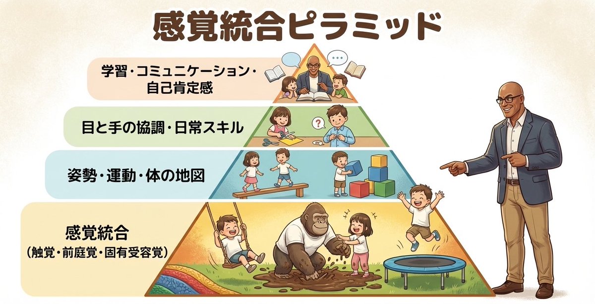 「友達とよくモメる！」
「集中力がない！」
など、そんな子育ての悩みに
何からアプローチすべきか。
大切なのは「土台」
発達の段階を理解すること。
コミュニケーションスキルや、学習スキルにアプローチする前に、
「感覚」を整えましょう！