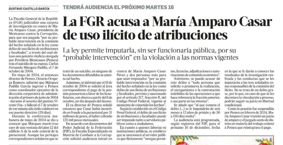 La primera venganza de Sheinbaun utilizando a Ernestina Godoy por el trabajo que María Amparo Casar ha hecho en Mexicanos Contra la Corrupción.
Estas mujeres persiguen mujeres porque denuncian la corrupción de la 4T. 
Mi solidaridad contigo María Amparo y espero que se escuche a