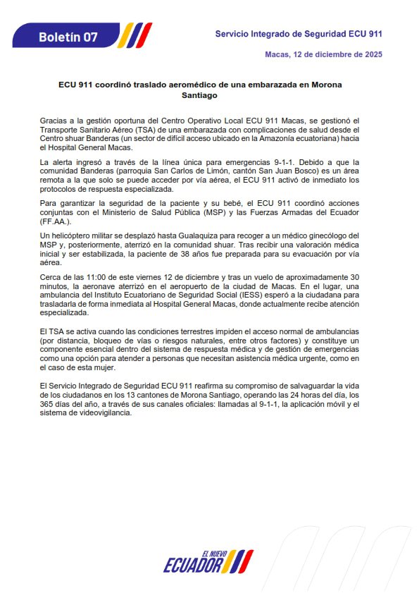 #ECU911 coordinó traslado aeromédico de una embarazada en #MoronaSantiago. 

#ECU911BrindaSeguridadIntegral