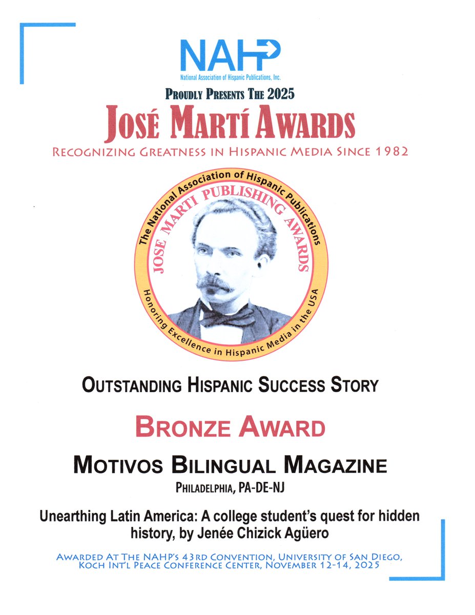 motivosmag's tweet photo. Motivos received two national honors from @NAHPInc this November: the José Martí Media Silver Award for Outstanding Hispanic Magazine – Glossy and the Bronze Award for Outstanding Hispanic Success Story for Jenee Chizick-Agüero’s article @DrexelUniv student, Nathan Nazario. https://t.co/AjizUYBpE4