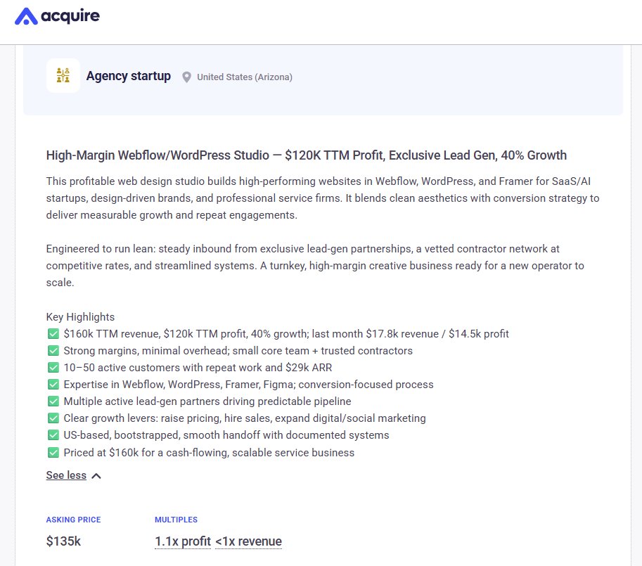 저는 에이전시들이 이렇게 효율적으로 운영되는 모습을 보는 게 정말 좋아요.
Webflow/WordPress/Framer 웹 디자인 스튜디오가 @acquiredotcom에서 새롭게 문을 열었습니다.
최근 12개