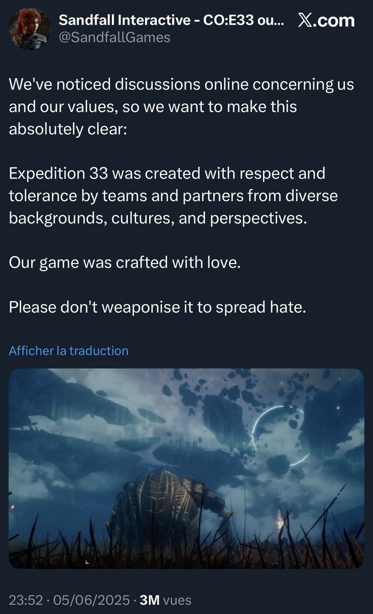 Peace38174843's tweet image. On rappel, que l'équipe du jeu a déjà réagi sur de la récupération autour de leur jeu...et je ne suis pas sûre que vos valeurs s'alignent....