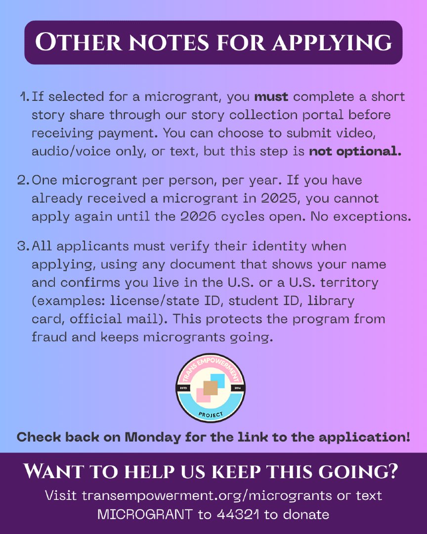 Week 2 of our Emergency Microgrants Cycle opens MONDAY 12–6pm CT.

If you need it, apply.
If you know someone who needs it, share.
If you can help keep this going, donate. 

Text MICROGRANT to 44321 to give. 💜