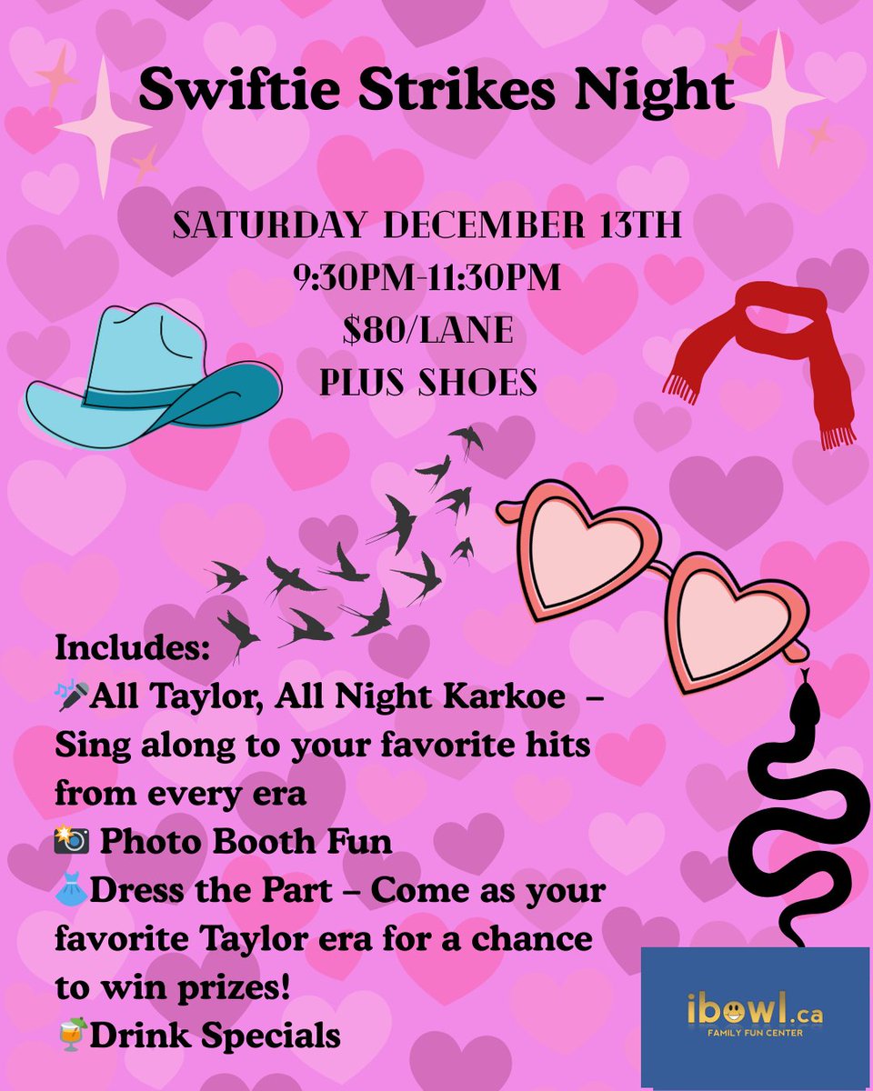 ibowlca's tweet photo. Swifties, this is your moment! 💗 Dec 13th • 9:30–11:30pm • $80/lane. Let the eras come alive! Book your lane today at https://t.co/bMPc8w7INc #waterlooregion #kwawesome https://t.co/t2AWD6kXQz
