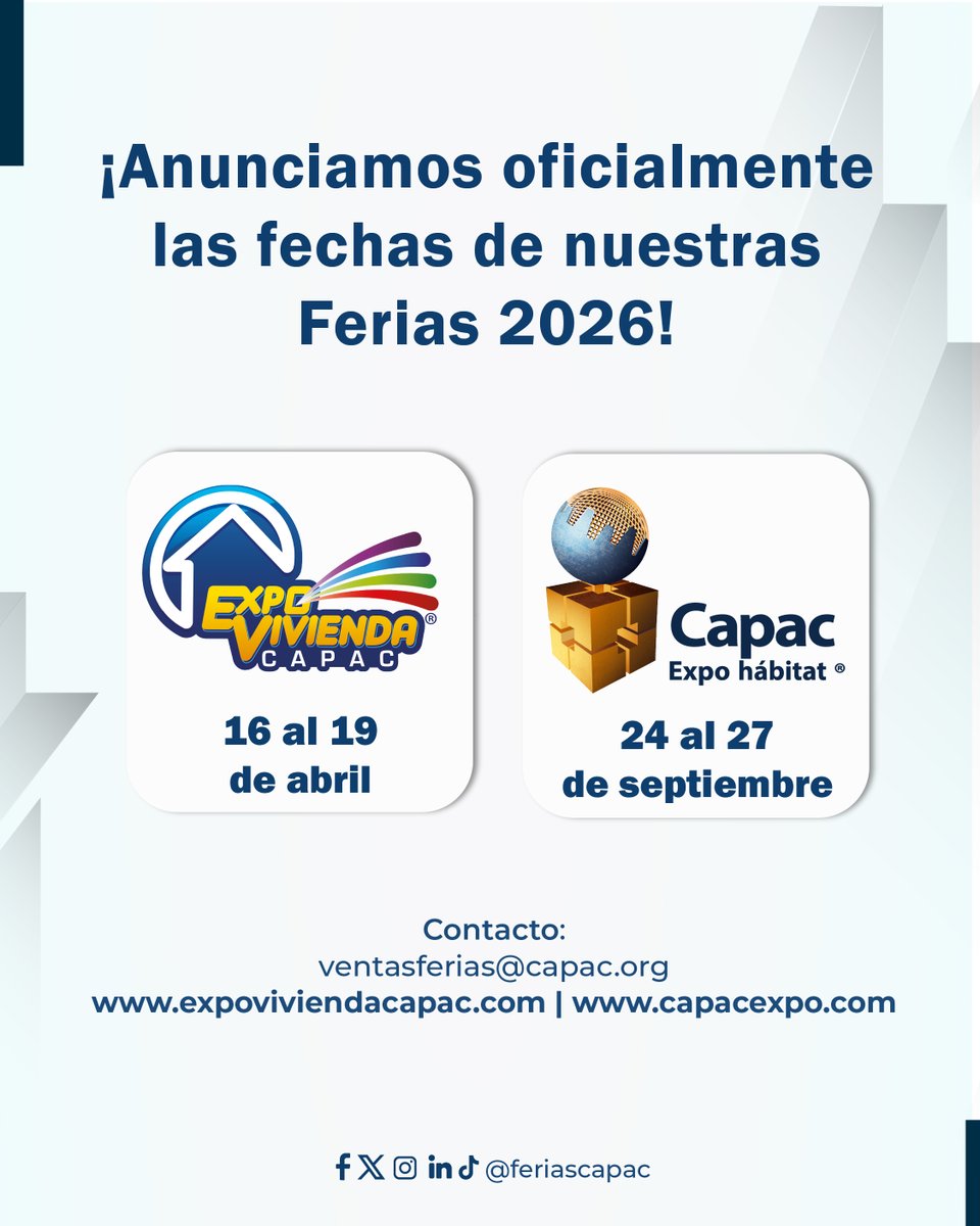 ✨🚀 El 2026 trae nuevas oportunidades… y con Capac tendrás las puertas para hacerlas realidad.
📅 Agenda desde ya las Ferias Capac 2026:
🏡 Expo Vivienda Capac – 16 al 19 de abril
🏗️ Capac Expo Hábitat – 24 al 27 de septiembre