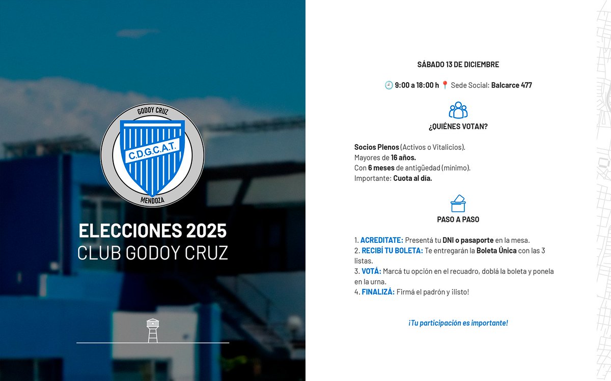 🗳️ Elecciones 2025: los detalles para votar

📲 Más info: clubgodoycruz.com.ar/elecciones-202…