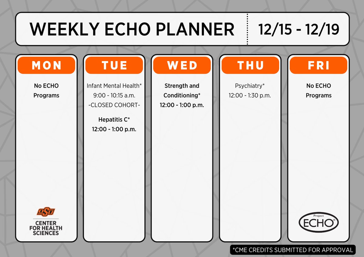 OKStateECHO's tweet image. Join us for the last ECHOs of 2025! We have a light week, and we would love to have you here to close out another amazing year. We hope to see you soon! 🥳🤩

#infantmentalhealth #hepatitisC #strengthandconditioning #psychiatry #osuprojectecho #osu #cme