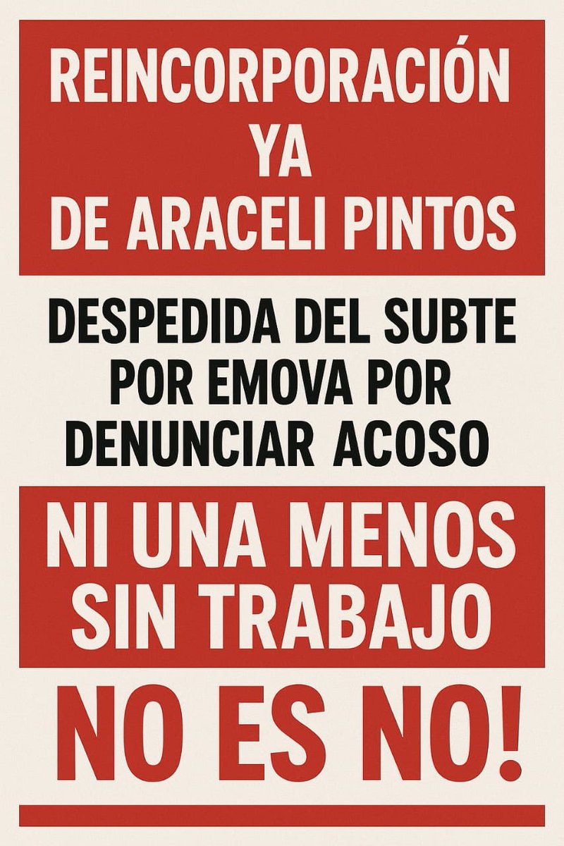 DENUNCIÓ ACOSO. LA DESPIDIERON.
Araceli Pintos, trabajadora del Subte,
fue despedida por Emova
después de denunciar a un policía.

NI UNA MENOS SIN TRABAJO
REINCORPORACIÓN YA

<a href="/emova_arg/">Emova - Concesionario del Subte de Buenos Aires</a> @arabpintos