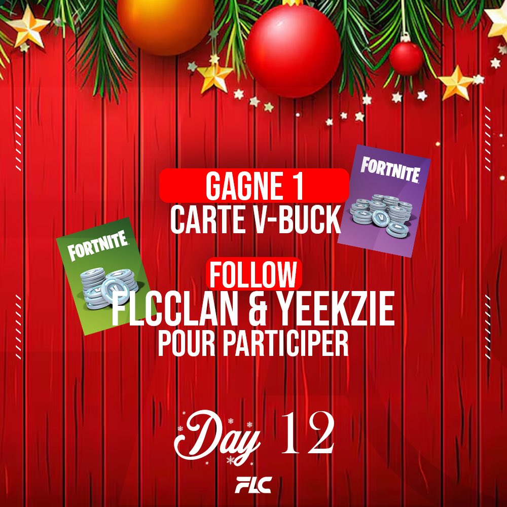 JOUR 12 du Calendrier | #GIVEWAY !🎁  

 Une carte de v-buck d’une valeur de 50€ à gagner dès maintenant ! 🔥 

✔️Follow <a href="/FLCclan_/">FLC</a>, <a href="/Yeekzie6/">FLC Yeekzie</a> &amp; <a href="/craax4x/">FLC craax4x</a> 
✔️RT X FAV   
✔️Mentionne 2 amis

 Tirage dans 7 jours.    

#FLCForEver ⚔️