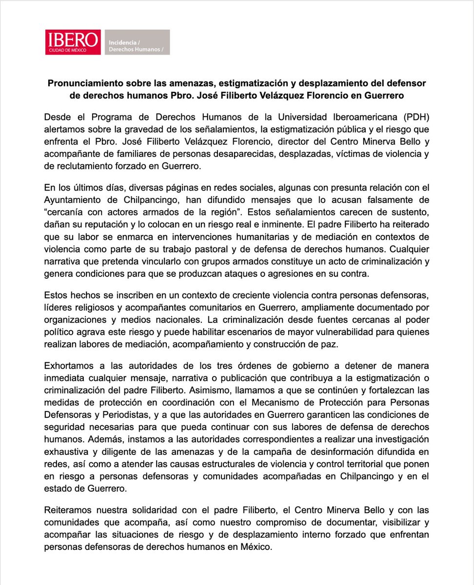 Alertamos sobre la gravedad de los señalamientos y la estigmatización contra el Padre Filiberto Velázquez, defensor y director del <a href="/CDHMinervaBello/">CDH Minerva Bello</a>.

Tras amenazas y difusión de información falsa, hoy se encuentra desplazado por seguridad.
