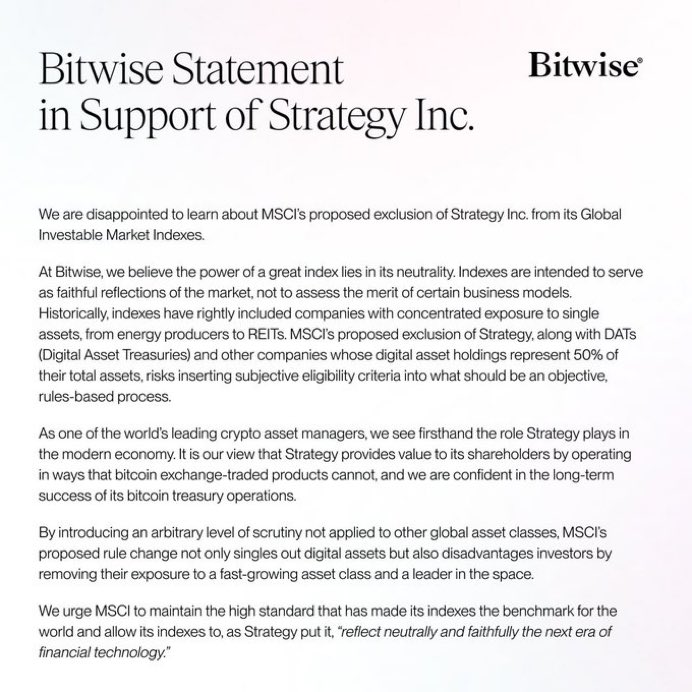 zakariyasharif9's tweet photo. 💥 DEG DEG:

🔥 Bitwise ayaa si cad u difaacday Strategy kadib markii MSCI ay soo jeedisay in laga saaro index-keeda.

🗣️ Bitwise waxay tiri:
“Indices-ku waa inay ahaadaan kuwo dhexdhexaad ah, isbeddelkanina wuxuu waxyeello u geysan doonaa maal-gashadayaasha doonaya exposure ku saabsan digital assets.”

Arrintan waxay dhalisay dood xooggan oo ku saabsan cadaaladda indices-ka iyo helitaanka crypto exposure ee hay’adaha waaweyn.