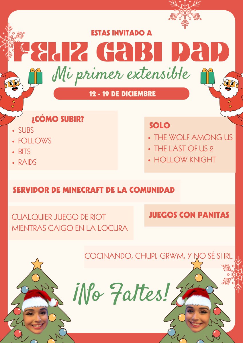 mi primer extensible :D 

están formalmente invitados a mi stream de una semana navideña donde jugaremos, hablaremos paja y voy a ver si finalmente cocino 🎅🏻

nunca he streameado más de 12 horas creo, así que ya veremos que coño pasa conmigo y mi pc

nos vemos en la noche :D 🤍❤️