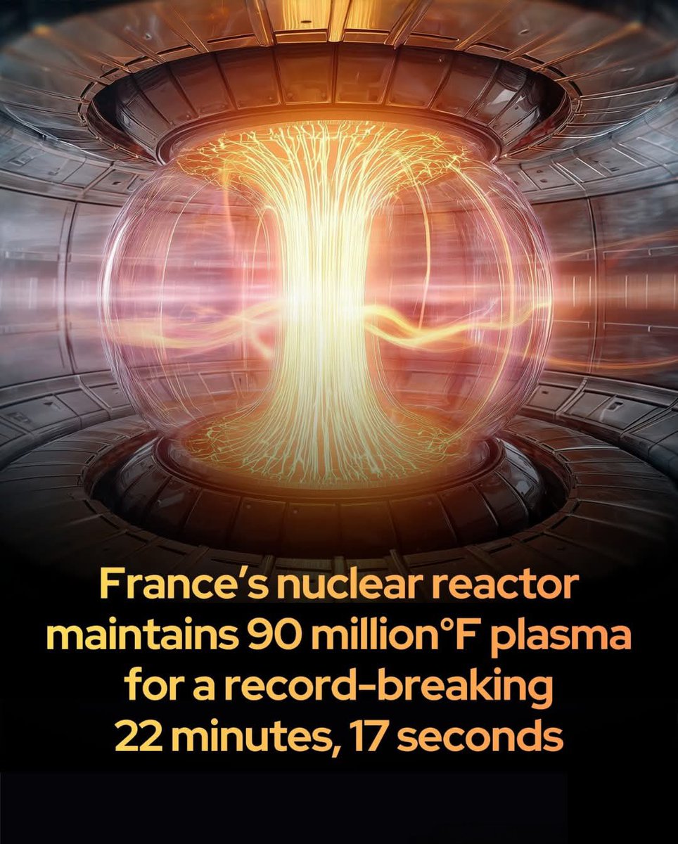 🚨 France just beat the world record for nuclear fusion! They ran for 22 minutes!

It’s bold step forward in the race for clean, limitless energy. 

The WEST tokamak fusion reactor set a new world record by sustaining hydrogen plasma at an astonishing 90 million degrees
