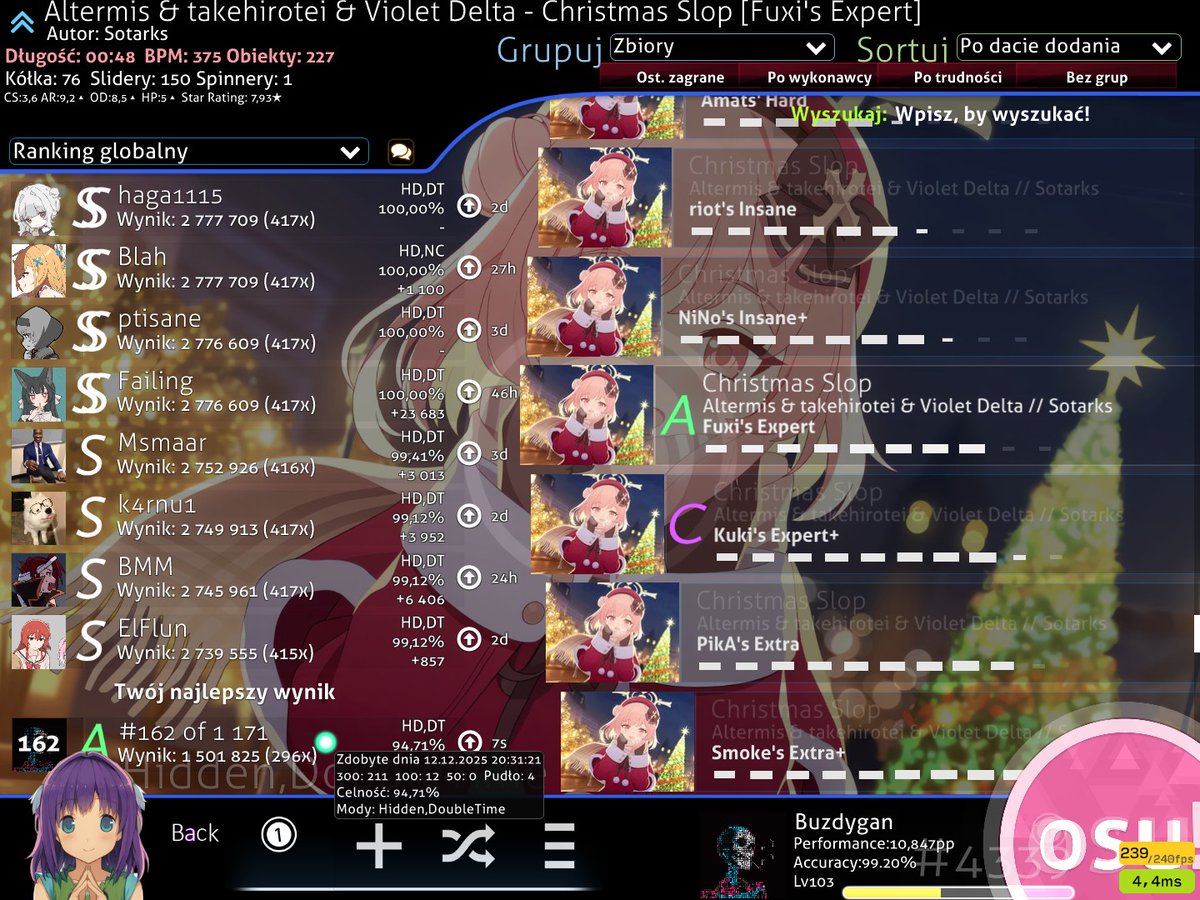 Frananas1's tweet image. It's silly that I've been playing this game 1-2 days per week for the last year or so, and yet I'm still improving. Scores from today. Chistmas slop isn't anything good but I'm surprised I can even attempt it, I was struggling at 300bpm aim before