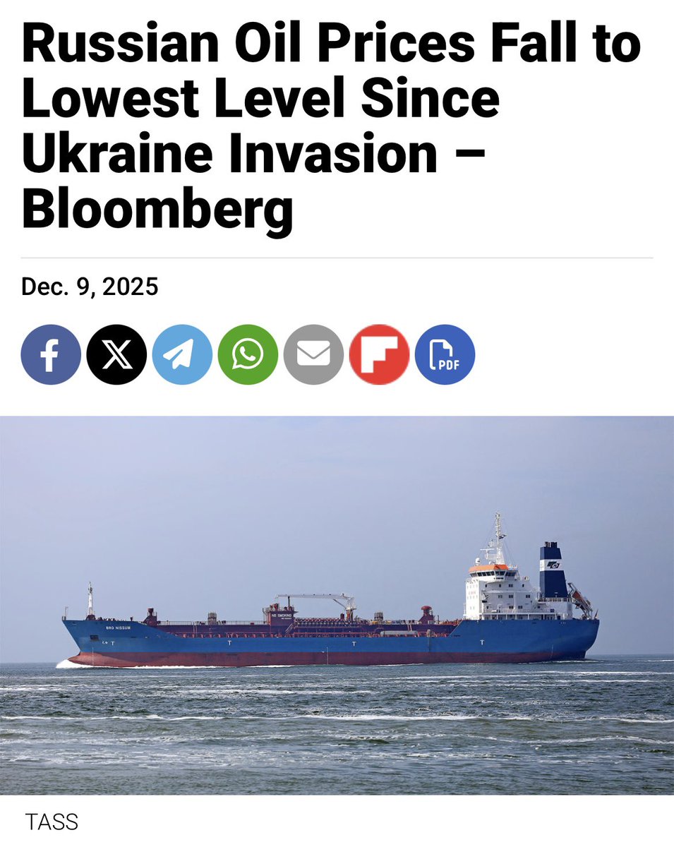 Russia’s Urals crude sold for an average of just $38.28 per barrel in Novorossiysk last week.

The average discount on Urals relative to Brent crude reached $25.80 per barrel, approaching historical records.

Ukraine's kinetic sanctions are working.