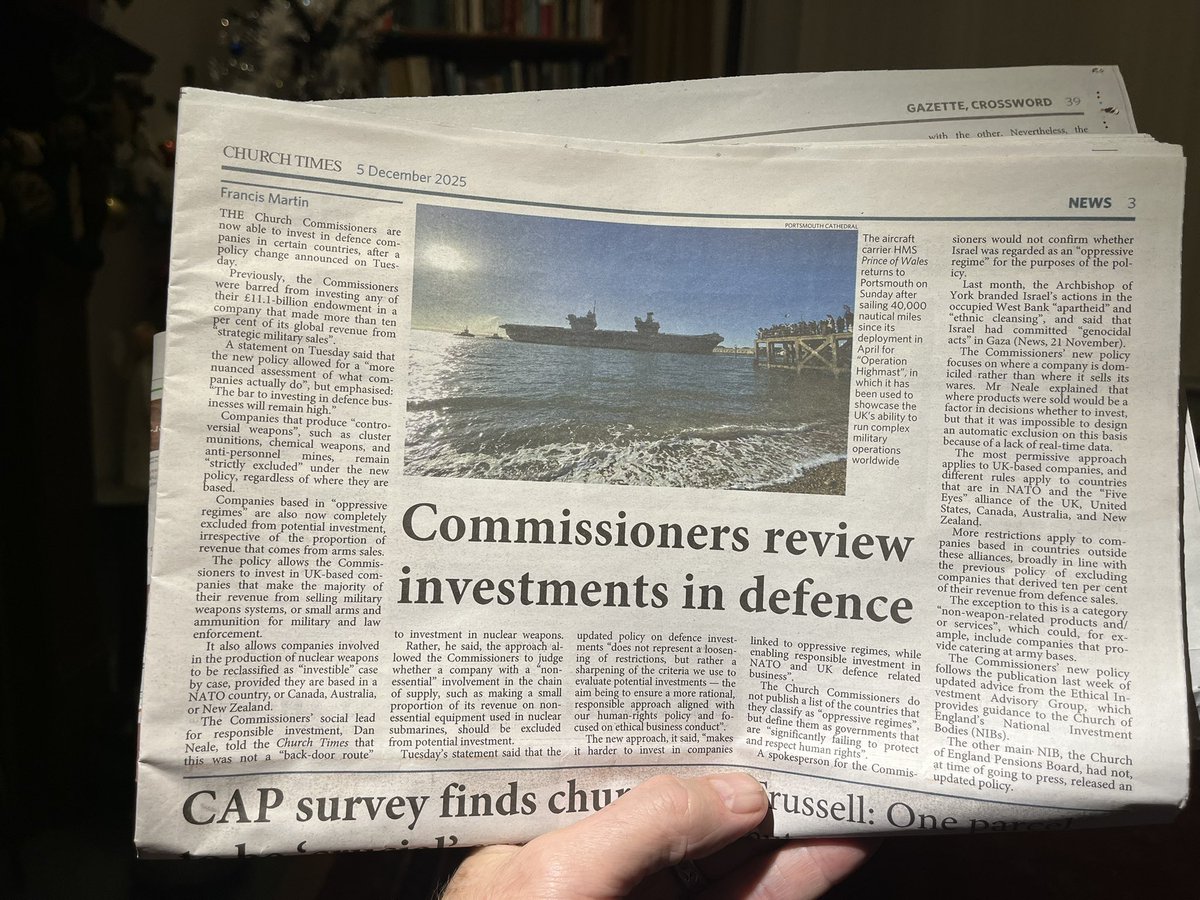 alastairmci's tweet photo. The @churchofengland.org is to allow investment in UK firms that sell “military weapons systems or small arms and ammunition for military and law enforcement”, and some involved in nuclear weapons “to be reclassified as ‘investible’”.

So much for gospel nonviolence. Merry Xmas! https://t.co/sri5MlU4oX