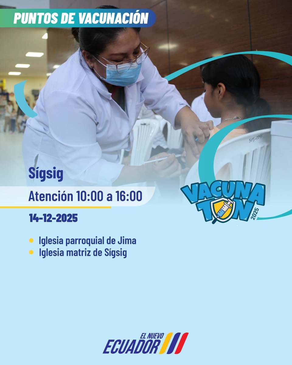 📢#Vacunatón contra la Influenza en #Sigsig
📅 14 de diciembre
⏰ 10h00 a 16h00
Acércate a nuestros puntos:
📍 Iglesia parroquial de Jima
📍 Iglesia matriz de Sigsig