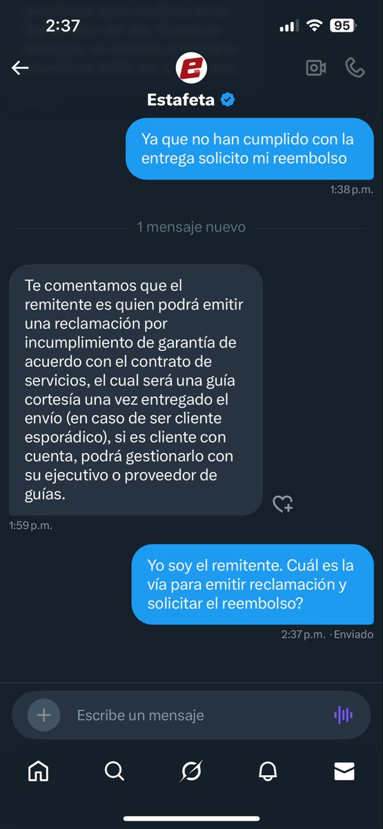 reumaped's tweet photo. @AtencionProfeco @Profeco
Cuál es la vía para solicitar el reembolso de mi dinero . Yo soy el remitente, yo pagué entrega al día siguiente y a dos semanas del envío, el paquete no llegó al destinatario. https://t.co/Wwvpl5Jcxn