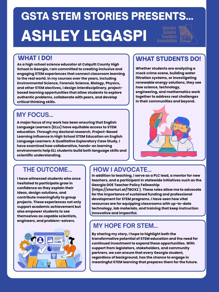Our #GSTASTEMStories campaign highlights teachers bringing STEM to life in their classrooms. 
👉 forms.gle/B8hnqJ9HYkvVsT…

Today we highlight Ashley Legaspi of Colquitt High School in Colquitt County!!! Ashley Legaspi thank you for sharing your #GSTASTEMStories! #GSTAAdvocates
