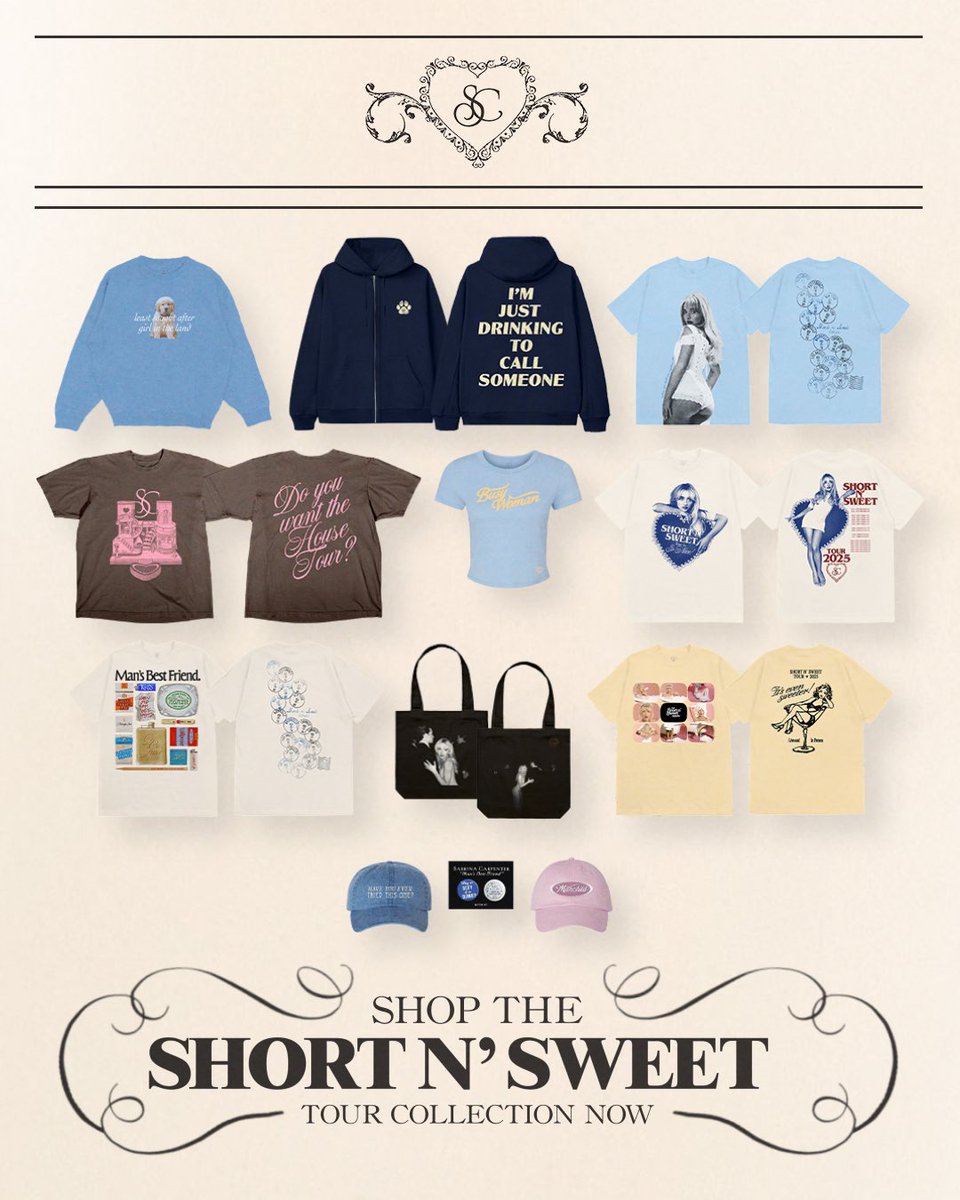 TeamSabrina's tweet photo. still crying cause it's over? shop the #shortnsweet tour merch now 💋 limited quantities available https://t.co/afHkhuK7n9 https://t.co/qVqp4uIkZu