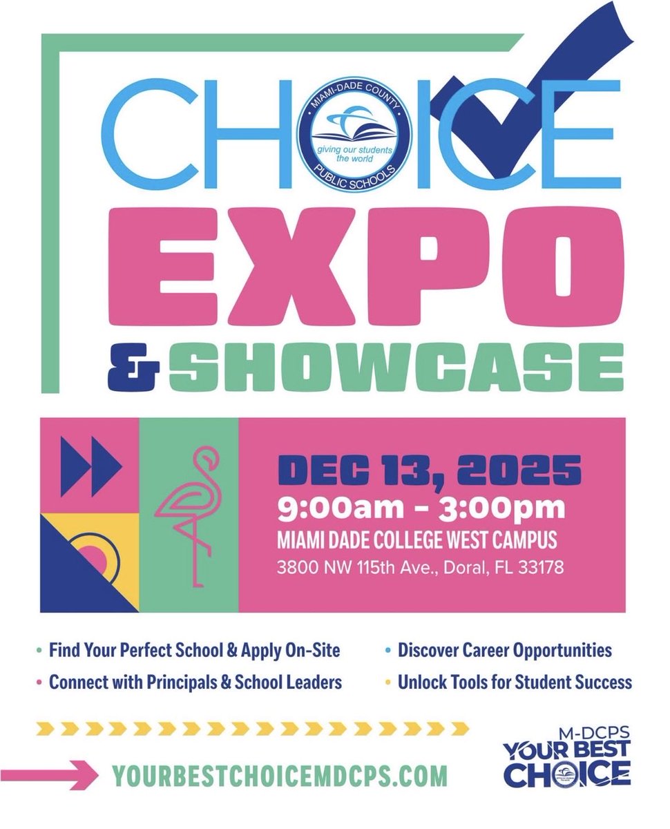 Attention Parents, the Choice Expo is tomorrow, Dec. 13th beginning at 9am. This is a great opportunity to speak with school leaders and learn all M-DCPS has to offer. The choice is yours, Enroll Today ⁦<a href="/MDCPS/">Miami-Dade Schools</a>⁩ ⁦<a href="/SuptDotres/">Jose L. Dotres, Ed.D.</a>⁩