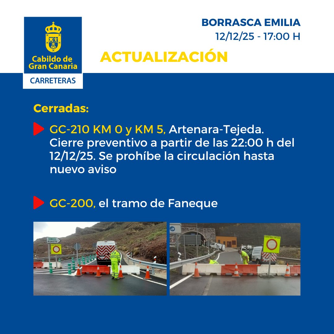 #BorrascaEmilia #GranCanaria
#FMACanariasBorrascaEmilia

📢 #CarreterasGC cierra las siguientes vías👇