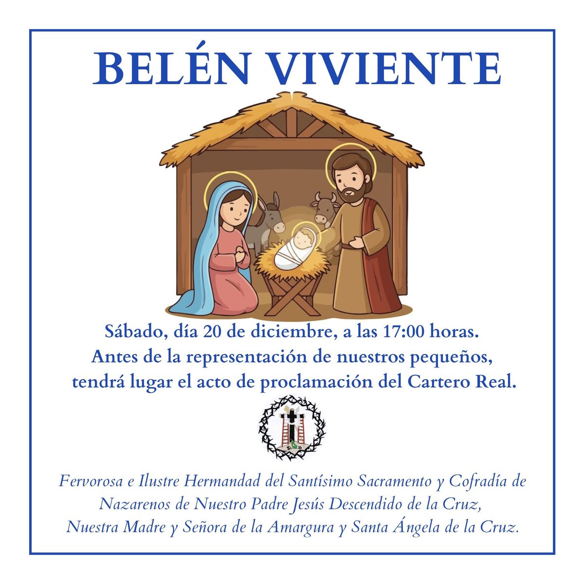 ✨ ¡La Navidad llega a nuestra Hermandad! ✨

📅 20/12, 17:00 h
🎄 Belén Viviente de los peques
📜 Proclamación del Cartero Real
🎉 Juegos y actividades del Grupo Joven
☕ Cafelito y dulces en la Casa-Hermandad.

¡No faltes! 🎄