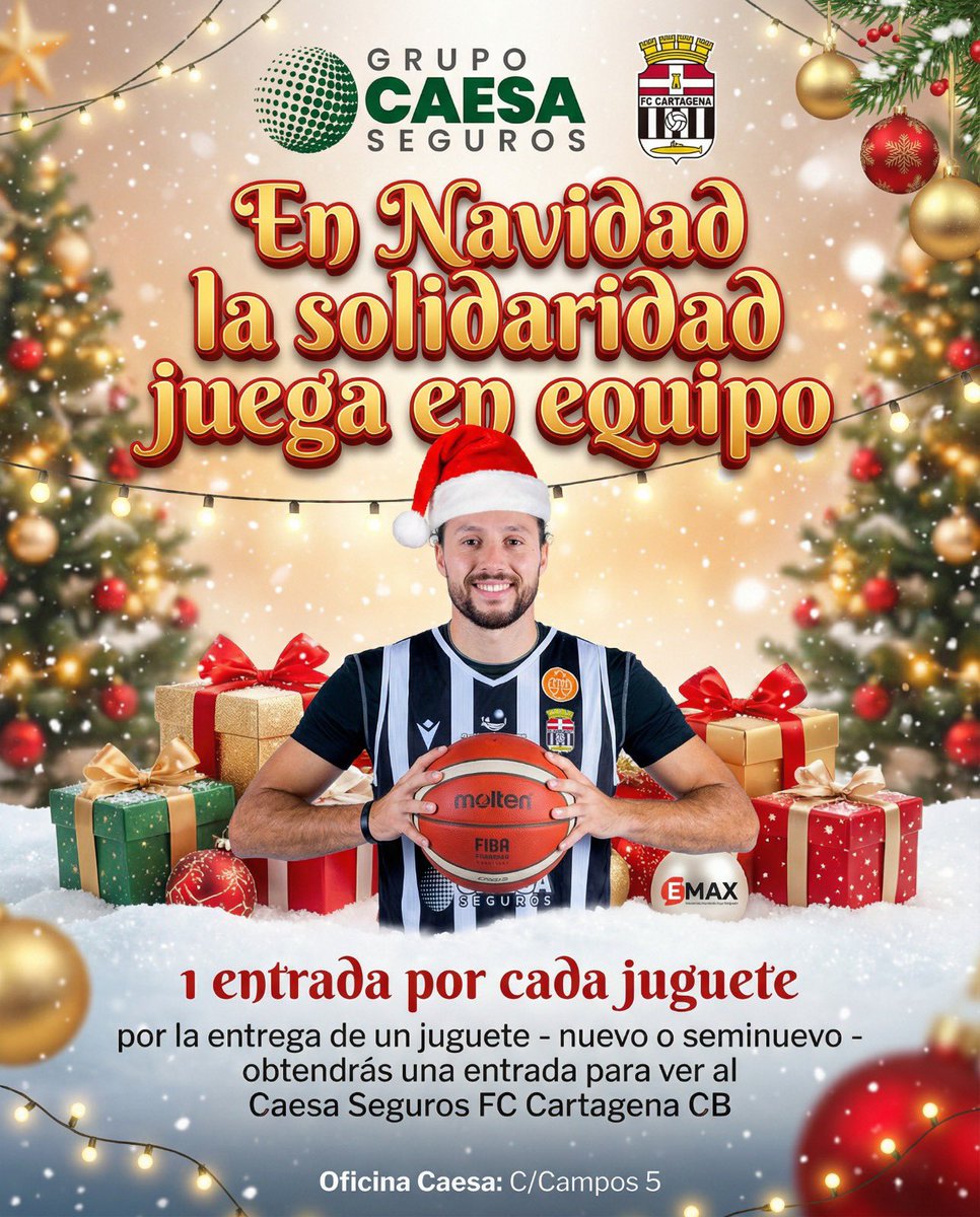 🎄1 𝑱𝑼𝑮𝑼𝑬𝑻𝑬 = 1 𝑬𝑵𝑻𝑹𝑨𝑫𝑨 🧸

🎅 Deja tu juguete👇🏼 

📍Grupo Caesa Seguros ( Campos 5 ) 

🗓️ Lunes 15 al viernes 19 diciembre 
🎟️ Entrada🆓 🆚 <a href="/basquetcoruna/">Leyma Basquet Coruña 🍊</a> 

🗓️ Del 22 diciembre al 2 Enero 
🎟️ Entrad 🆓 🆚 <a href="/BFuenlabrada/">Flexicar Fuenlabrada</a> 

🙏 <a href="/FundCBCartagena/">Fundación CB Cartagena 🏀🖤🤍</a> 

#NavidadSolidariaCebé