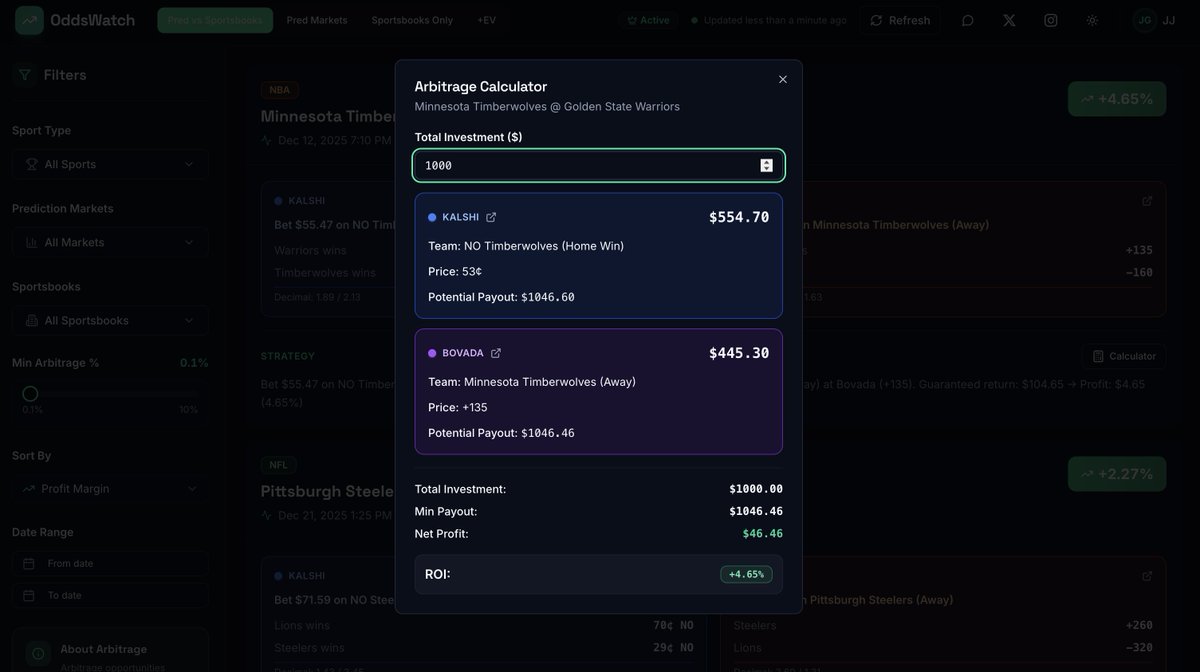 OddsWatchLive's tweet image. Wake Up -&amp;gt; Print -&amp;gt; Sleep -&amp;gt; Repeat 🔁

$46 cashed 💵

Early access at oddswatch.live

#Arbitrage #PredictionMarkets #SportsBetting #NBA