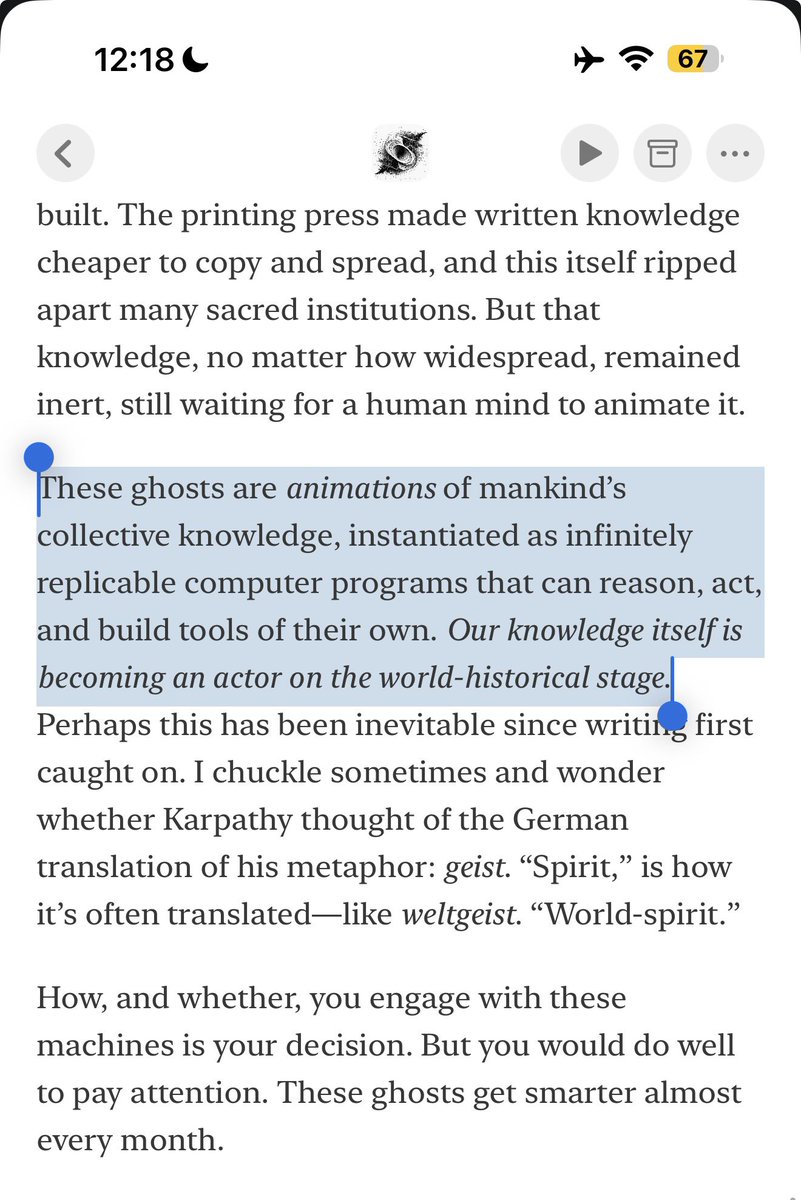 nabeelqu's tweet photo. I really enjoyed this piece, especially this part. AI as “animations of mankind’s collective knowledge” is a nice analogy: https://t.co/Dts6SNoUYy