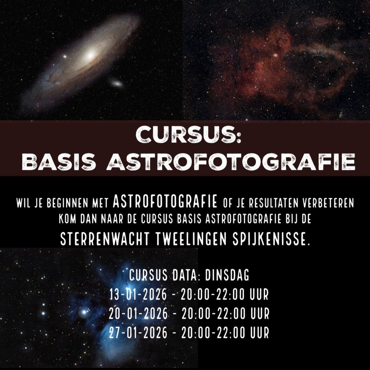 Cursus Basis Astrofotografie

Wil je zelf de Maan, planeten of prachtige nevels fotograferen, maar weet je niet goed waar te beginnen? Of wil je jouw resultaten verbeteren, volg dan de Cursus Basis Astrofotografie bij Sterrenwacht Tweelingen. sterrenwacht-tweelingen.nl
