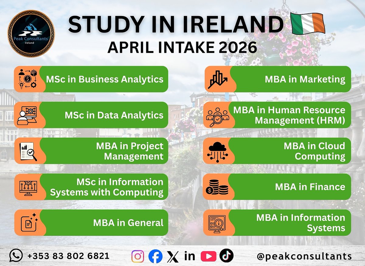 peakeire's tweet photo. Your Future Begins in Ireland 🇮🇪 | April Intake 2026 Now Open!
Dreaming of an international degree that elevates your career? Ireland is calling! 📚✨

👉 Start your application today!
📞 Contact: +353 83 802 6821

#StudyInIreland #IrelandEducation #IrishUniversities https://t.co/CuNa4Klm2j