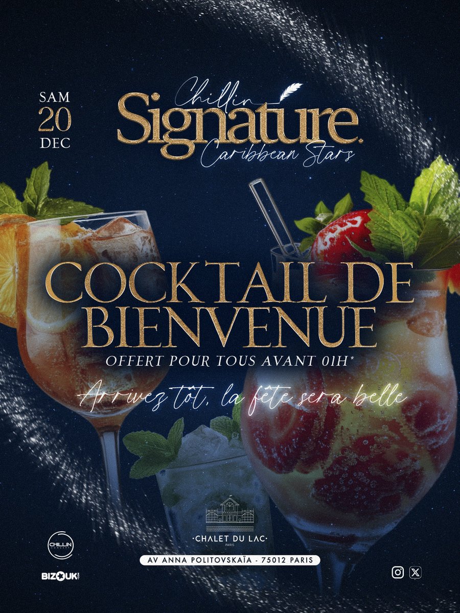 Chillinconcept's tweet image. ✨ Chillin Signature ✨

Parce que chez nous, vous serez toujours accueillis avec élégance 💫

Un cocktail de bienvenue vous sera offert pour toute arrivée avant 01h00 🎁
(Dans la limite des stocks)

⏰ Soyez ponctuels… la fête n’attend personne.

🎟️my.bizouk.com/chillin-signat…
